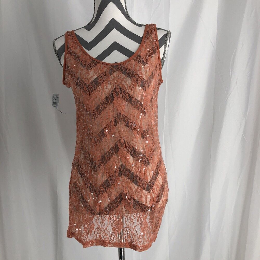 NEW sz XL Bke Buckle Womens Sequin Sheer Strech Lace Tank Top - “crabapple”